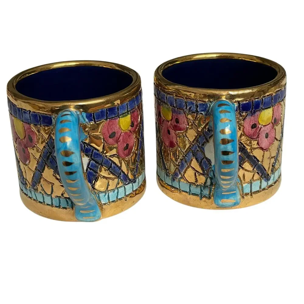 Italian Mosaic Espresso Set Byzantine Peacock Catania 24K Accent Tray Cup Sugar